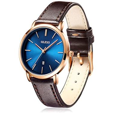 Imagem de OLEVS Relógios para mulheres, relógios de pulso à prova d'água, analógico, de quartzo, ultrafinos, pulseira de couro com relógios de data e calendário, presentes para mulheres, Pulseira de relógio marrom escuro - mostrador azul com bisel em ouro rosa
