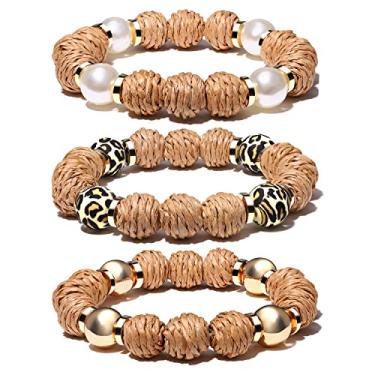 Imagem de 3 Pack Rattan Bracelets for Women Handmade Woven Rattan Ball Beaded Stretch Bracelets Stackable Boho Bangle Bracelets Summer Beach Jewelry