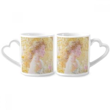 Imagem de Rose In Wind XJJ Conjunto de canecas de porcelana para casal pintura a óleo com alça de coração