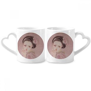 Imagem de Conjunto de canecas de porcelana para casal com pintura de beleza tradicional chinesa rosa com alça de coração
