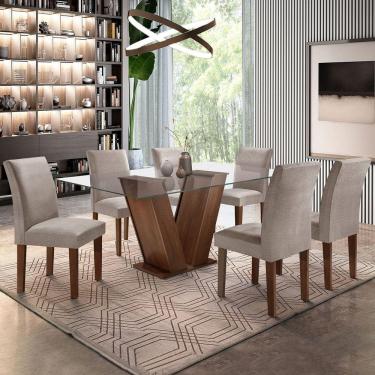 Imagem de Mesa de Jantar 6 Lugares Classic com Vidro Chocolate/Linho Cinza - Cel Móveis