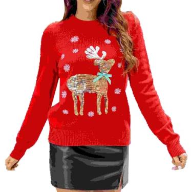 Imagem de Suéter de Lantejoulas de Natal, Suéter Quente e Elegante de Manga Comprida Bordado Com Gola Redonda para Festa para Mulheres (M)