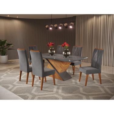 Imagem de Mesa de Jantar Retangular Encantare com 6 Cadeiras Vegas MEL/CINZA/VELUDO GRAFITE/GRAFITE