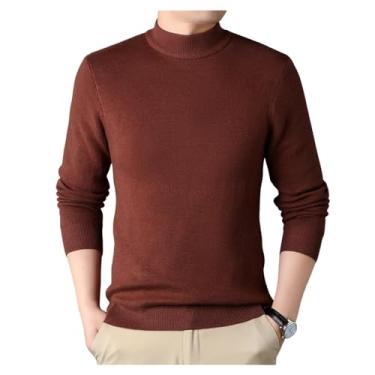 Imagem de Suéter masculino de gola redonda de malha de cor sólida suéter fino justo pulôver camada de base, Marrom, XXG