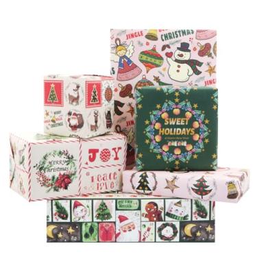 Imagem de Papel de embrulho de Natal para crianças, meninos, meninas, 6 folhas de papel de embrulho verde, vermelho, rosa, Papai Noel, boneco de neve, guirlanda de anjo de árvore de Natal, papel de embrulho