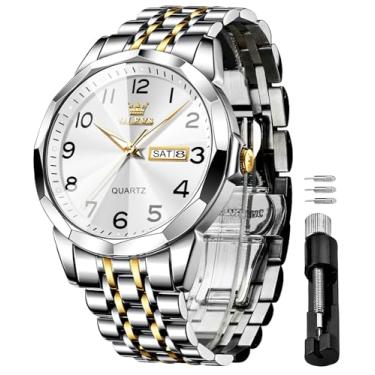 Imagem de OLEVS Relógio masculino de luxo, analógico, quartzo, aço inoxidável, à prova d'água, luminoso, data, diamante, negócios, dois tons, casual, relógio de pulso, Dourado, branco, Clássico