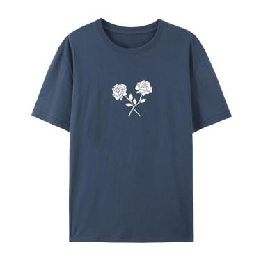 Imagem de Camiseta feminina e masculina, estampa rosa para esposa, camiseta de amor para amigos, Azul marinho, XXG