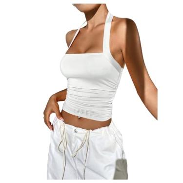 Imagem de SOLY HUX Blusa feminina franzida frente única sem mangas cropped cropped camiseta de verão, Branco puro, P