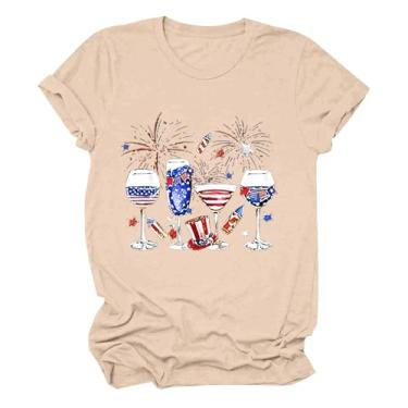 Imagem de Camiseta feminina com a bandeira americana 4 de julho com estampa de vinho, manga curta, patriótica, gola redonda, Bege, G