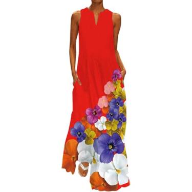Imagem de Vestido maxi de verão para mulheres 2024 casual estampa floral gola Henley vestido de verão sem mangas praia férias vestidos rodados, #12 - Cinza, 3G