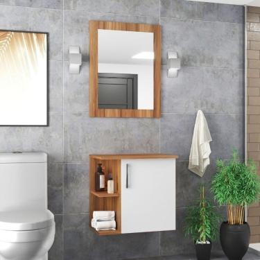 Imagem de Gabinete Para Banheiro Com Espelheira 50cm Mdf Nogal Com Branco Moscou - On Móveis
