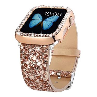 Imagem de Pulseira Bling Bands compatível com Apple Watch 38 mm, 40 mm, 42 mm, 44 mm + capa, pulseira de couro com glitter feminina com protetor de diamante brilhante para iWatch Series 6 5 4 3 2 1 SE Sport Edition (ouro rosa, 40 mm)