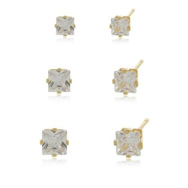 Imagem de Trio de Brincos de Zircônias Quadrado Semi Joias Banhado Ouro 18k - St