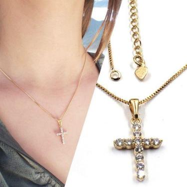 Imagem de Colar Crucifixo Cruz Folheada A Ouro Com Pedras De Zirconia - C2Cam