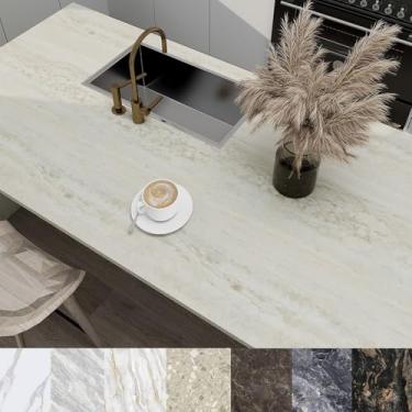 Imagem de PHINILUX Papel de contato de mármore para capa de bancada - papel de parede de travertino bege de 48 cm x 395 cm - Rolo de filme de vinil de granito espesso autoadesivo removível