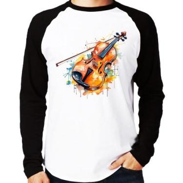 Imagem de Camiseta Raglan Violino Watercolor Manga Longa - Foca na Moda, Branco,