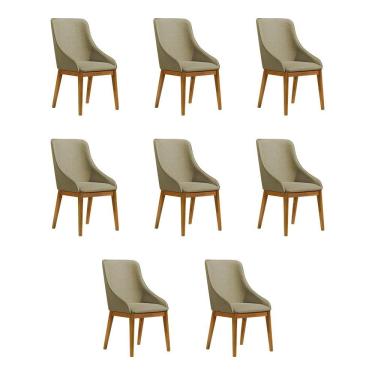 Imagem de Kit 8 Cadeiras De Jantar Luxo Estofada Elisa Anatômica Linho Bege Base Madeira Maciça 