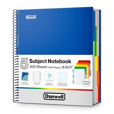 Imagem de Dunwell Caderno de 5 assuntos com pauta universitária 21,5 x 28 cm (azul) - 200 folhas (400 páginas), caderno espiral 21,5 x 28,5 cm com abas, divisórias móveis, bolsos, capas de plástico
