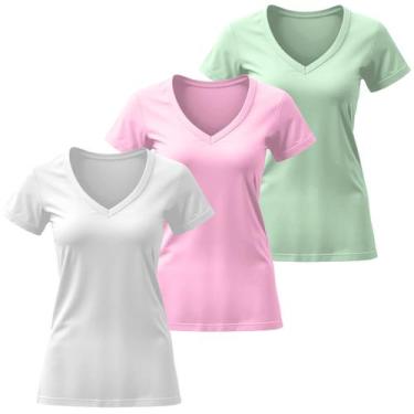 Imagem de Kit 3 Camiseta Feminina Blusas Elegantes Algodão Gola V Manga Curta - 