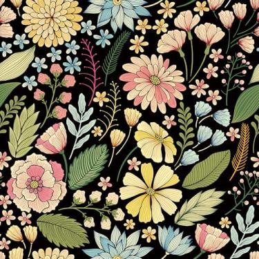Imagem de FunStick Papel de parede floral preto botânico de 44,5 x 899 cm, papel de parede floral, amarelo, rosa, removível, para quarto, papel de contato floral escuro para parede, prateleira, folhas verdes,