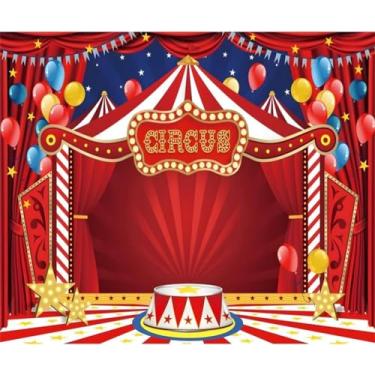 Imagem de Pnylzzyxh Pano de fundo de barraca de circo vermelho para festa temática de carnaval para crianças, aniversário, cortina vermelha, balões para fotografia, decoração de chá de bebê, foto de fundo de