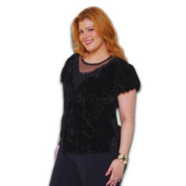 Imagem de Blusa Feminina Veludo Manga Balone c/Renda Gola V Plus Size - Amoplus,