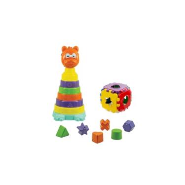 Imagem de Kendy KIT Brinquedo Urso mais Cubo Educativo, com 1 Cubo Baby com 6 formas geométricas e 1 Urso com 6 anéis coloridos