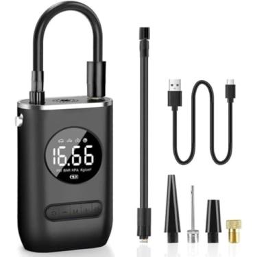 Imagem de Compressor de ar portátil mini com inflador de pneu, bateria recarregável de 4000 mAh, bomba sem fio 150 PSI, luz de emergência LED e calibrador para carro, bicicleta, motocicleta e bola