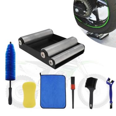 Imagem de BAOUFF Suporte de limpeza de roda de motocicleta com kit de escova de limpeza de motocicleta, suporte de rolo de roda de bicicleta com kit de limpeza para limpeza de pneus e lubrificação de corrente