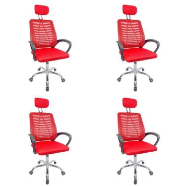 Imagem de Kit 4 Cadeiras Escritório Diretor Tela Mesh Com Encosto De Cabeça Vermelho E Preto