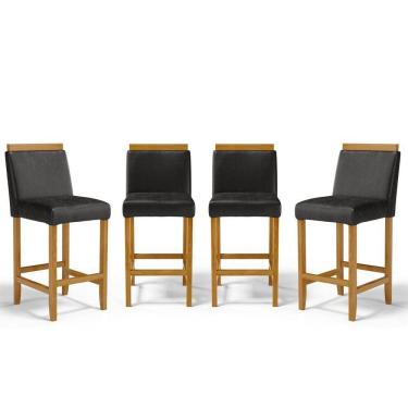 Imagem de Kit Com 4 Banquetas Eloá Madeira Maciça Assento Estofado Para Bancada Courino Preto 503