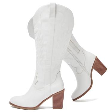 Imagem de Luoika Botas femininas extra largas na altura do joelho caubói de cano alto, largura larga, salto alto, plus size, Branco 701, 7.5 X-Wide
