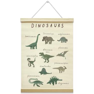 Imagem de oayGnay Gancho de pôster de dinossauro, decoração inspiradora para pendurar na parede, pôster de lona de dinossauro com moldura de madeira, decoração de parede de sala de jogos, sala de jogos, sala de