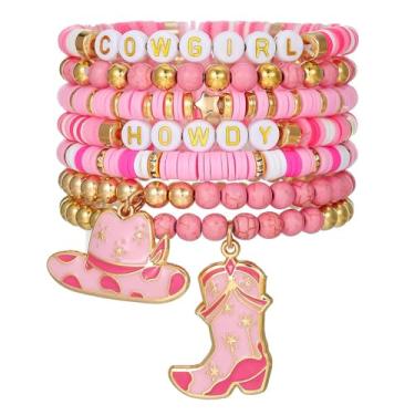 Imagem de TETING GINING Conjunto de 7 peças de pulseiras de barro Howdy Cowgirl rosa para mulheres joias, One Size, argila, Sem Pedra Preciosa