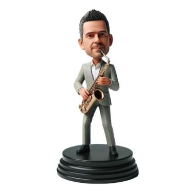 Imagem de Saxofone personalizado tocando cavalheiro Bobblehead feito à mão a partir de sua foto para entusiastas da música, pai, parceiro, amigo, elegante tela de mesa para aficionados de jazz
