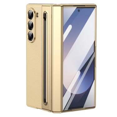 Imagem de LYJSMGZ Capa revestida para Samsung Galaxy Z Fold 6, protetor de tela integrado, policarbonato fosco proteção total da dobradiça com compartimento para caneta, capa de couro, verde, dobra 6