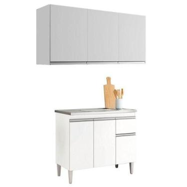 Imagem de Balcão De Pia Tatiane 100cm E Armário Aéreo Andréia 3 Portas Branco Br