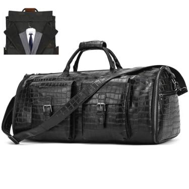 Imagem de Bolsa de viagem de couro legítimo, mala de mão conversível 2 em 1 para homens, ternos, vestidos, roupas e compartimento de sapatos, combo de bolsa de fim de semana, preto 2206, Preto 2206, Retrô
