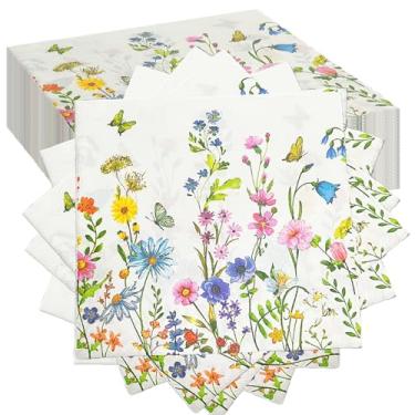 Imagem de 96 guardanapos de papel de flores silvestres toalhas descartáveis para convidados – guardanapos florais de 16,5 x 16,5 cm com borboletas para banheiro, cozinha, casamento, chá de bebê, aniversário