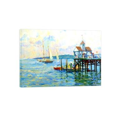 Imagem de LXURY Impressão de arte de parede em tela de paisagem - barcos por cais - imagem em tela com moldura de madeira - decoração de parede pintura de arte - pôster de reproduções famosas 70 x 100 cm 28 x