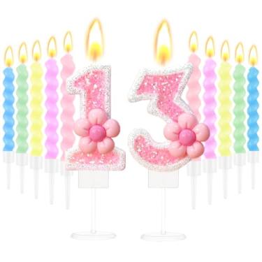 Imagem de Velas de aniversário – Vela número 13 com 10 velas espirais para meninas, velas de aniversário para topo de bolo, suprimentos de festa pastel para meninas de 13 anos de idade e decorações de