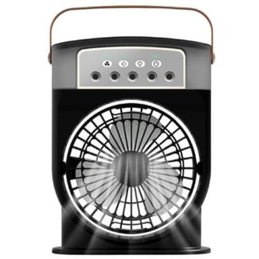 Imagem de Ventilador de nebulização portátil, ventilador portátil com névoa de resfriamento de 3 velocidades com spray de 5 furos e luz noturna de 7 cores, silencioso, recarregável, ventilador de mesa