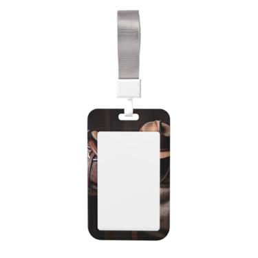 Imagem de Selim de cavalo com um chapéu de caubói porta-crachá de identificação selvagem com cordão vertical estojo de cartão de identificação de plástico rígido com janela transparente, manga de crachá de
