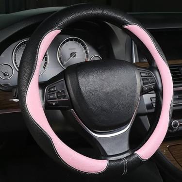 Imagem de Nova capa de volante de carro esportivo para homens e mulheres, ajuste universal em forma de linha 35.6 cm/38.1 cm/40.6 cm PU capas de volante antiderrapantes para caminhões, caminhonete, SUV (preto e