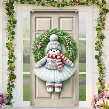 Imagem de BlissYard Faixa de tutu para porta de Natal Snowgirl, 89 x 189 cm, com guirlanda de bengala doce, suéter de malha e cachecol listrado vermelho para exibição de boas-vindas, outono, formatura