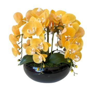 Imagem de Arranjo 6 Flores Orquídeas Artificial Amarelas Vaso Preto - La Caza St