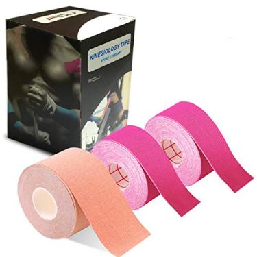 Imagem de Fita tereputica Kinesiology Physio para recuperação de esportes atléticos alívio da dor forte adesão à prova d'água algodão original sem cortes 1 rolo 5 cm x 5 m / 2 rolos 2,5 cm x 5 m (1 bege/2 rosa)