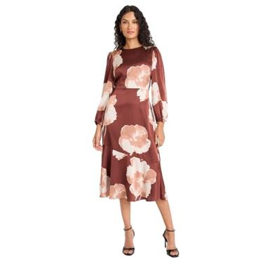 Imagem de Maggy London Vestidos femininos de manga comprida floral midi fit and flare para convidados de casamento, Pedra marrom/cogumelo, 42