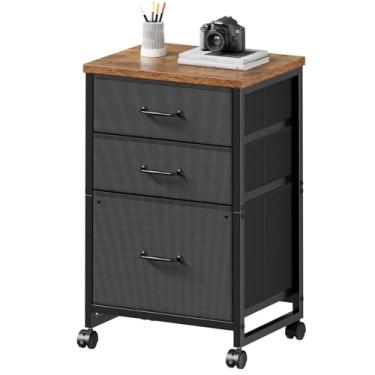 Imagem de Maihail Arquivo móvel de 3 gavetas com rodas de tecido vertical para arquivo A4 ou tamanho carta para escritório em casa, marrom rústico