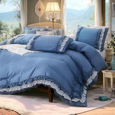 Imagem de Conjunto de capa de edredom com babados azuis, chique, boêmio, Queen, elegante, renda, franja, babados, super macio, leve, todas as estações, capa de edredom com fronhas